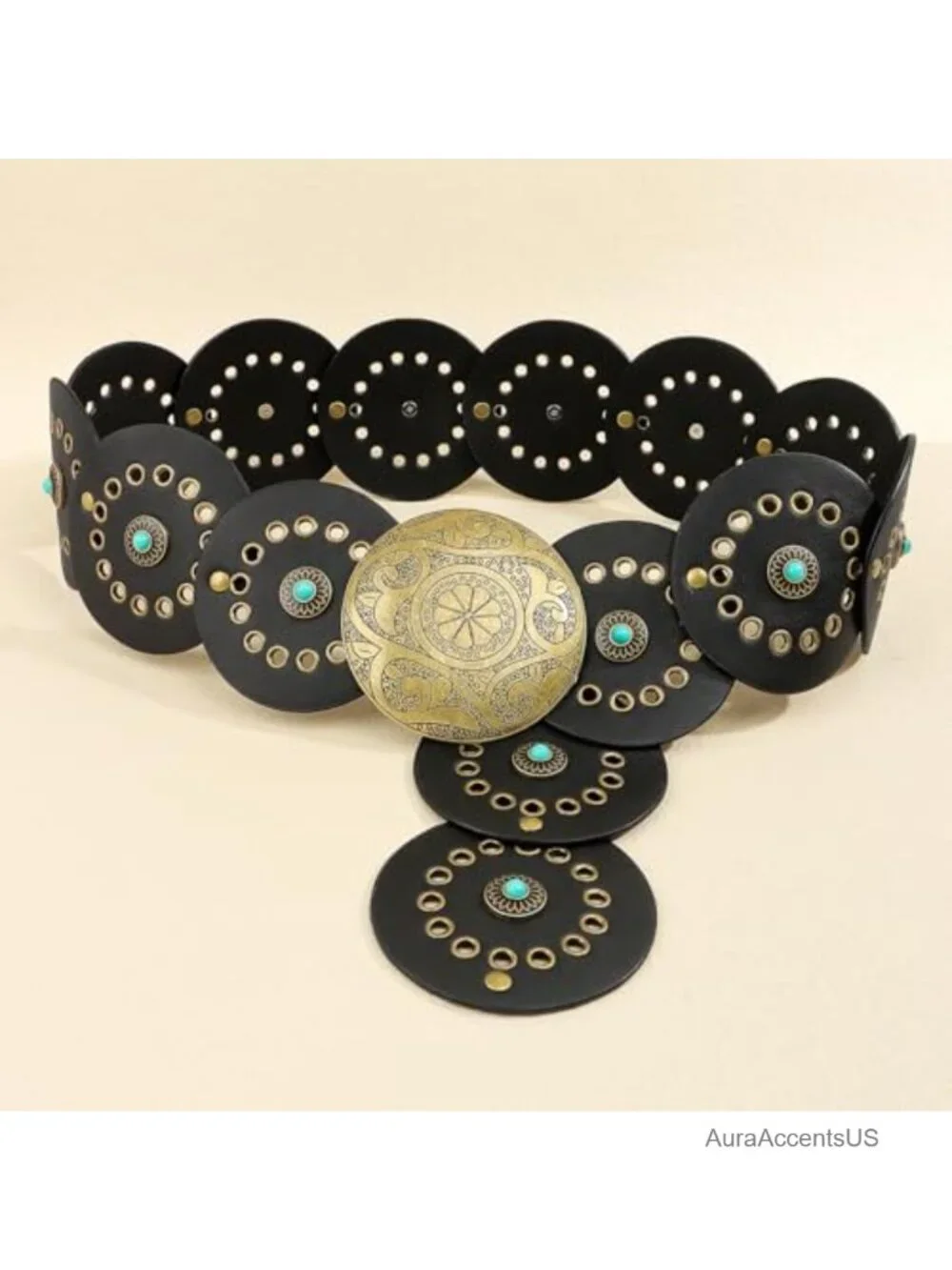 Women's PU Leather Concho Belt with Turquoise Discs - Boho Western Cowgirl